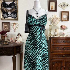 y2k girly grunge turquoise and black polkadot midi dress